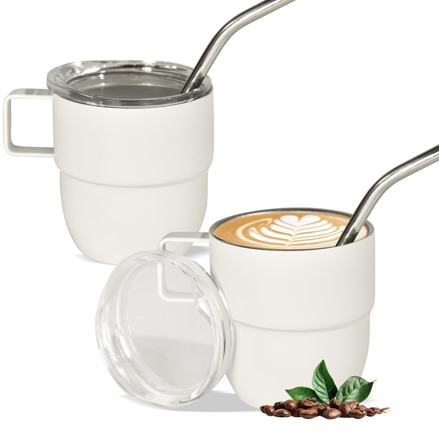 Photo 1 of 4oz Stackable Cup, Vacuum Insulated Espresso Cup Set of 2, Espresso Mug for Coffee, Double Wall Stainless Steel Mini Tumbler Shot Glasses with Straw and Lid (B-white2P, 4oz)