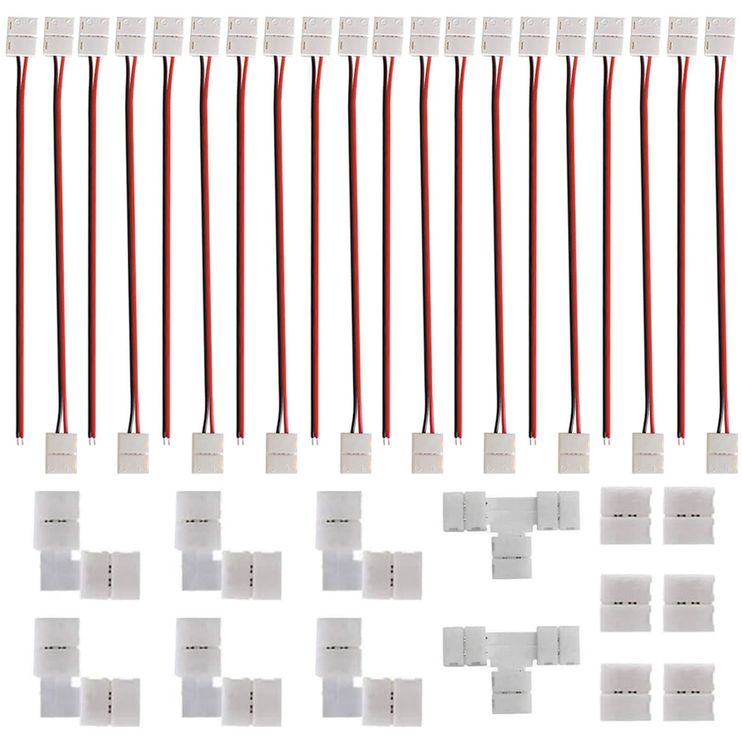 GTIWUNG 3528 2835 2 Pin 8mm Led Strip Light Connector Kit,10 x Jumper Connector, 10 x LED Strip Connector Pigtail, 6 x L Shape Corner Connector, 6 x Gapless Connector, 2 x T Shape Connector