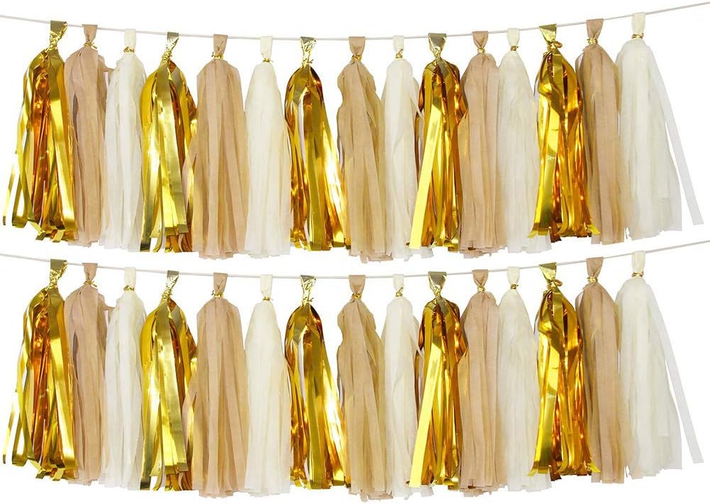 Voloker Balloon Tassels, Tissue Paper Tassels for Wedding, Baby Shower, Event & Party Supplies,2 Pack 30 pcs DIY Kits Package Contains Instructions - (Tan+Ivory+Metallic Gold)