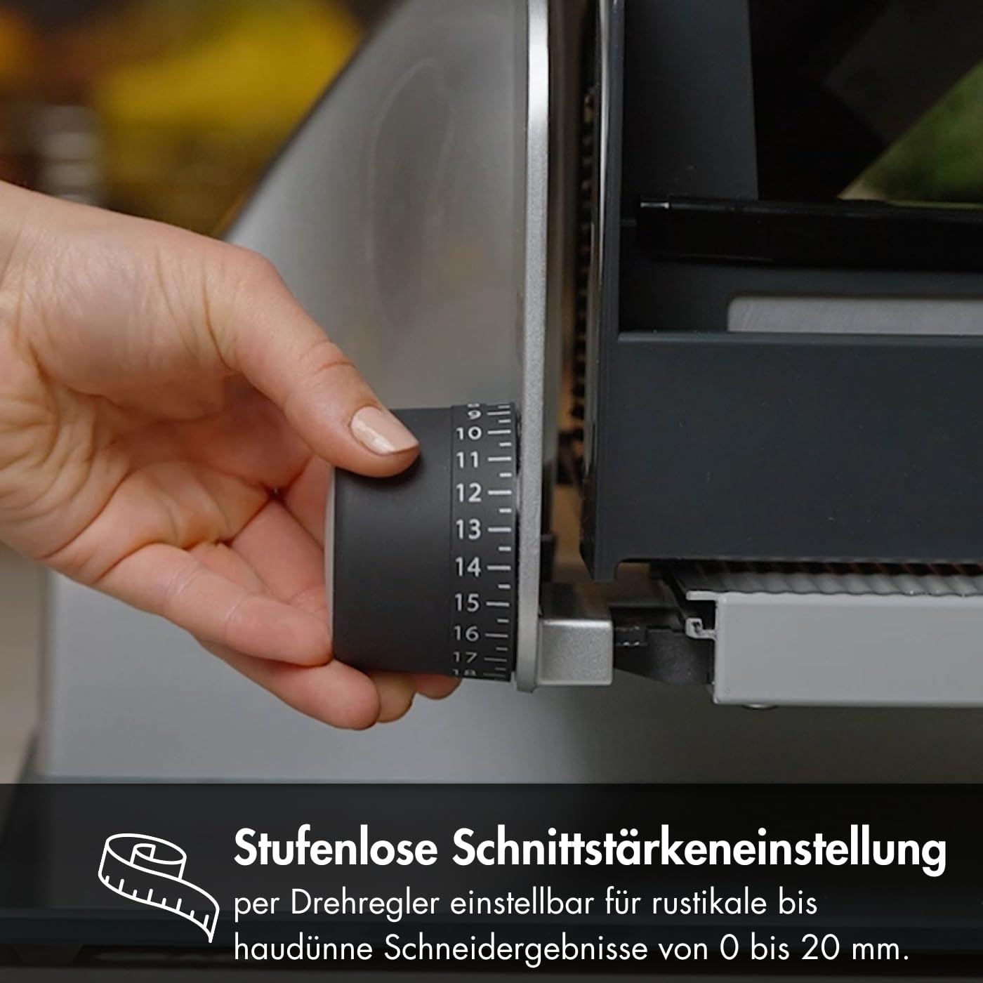 GRAEF. Master M20 - Elektrischer Allesschneider, Made in Germany, Vollstahlmesser Ø 170 mm für feinste Schnitte, Schnittstärke 0-20 mm, Kondensatormotor 170 W, Vollmetall, Schneidemaschine, Silber 5