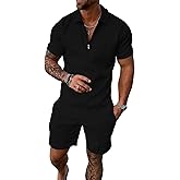 UOUA Mens Summer Track Suits 2 Piece Shorts Sets Short Sleeve Sweatsuit Outfits 1/4 Zip Golf Polo Shirts Loungewear