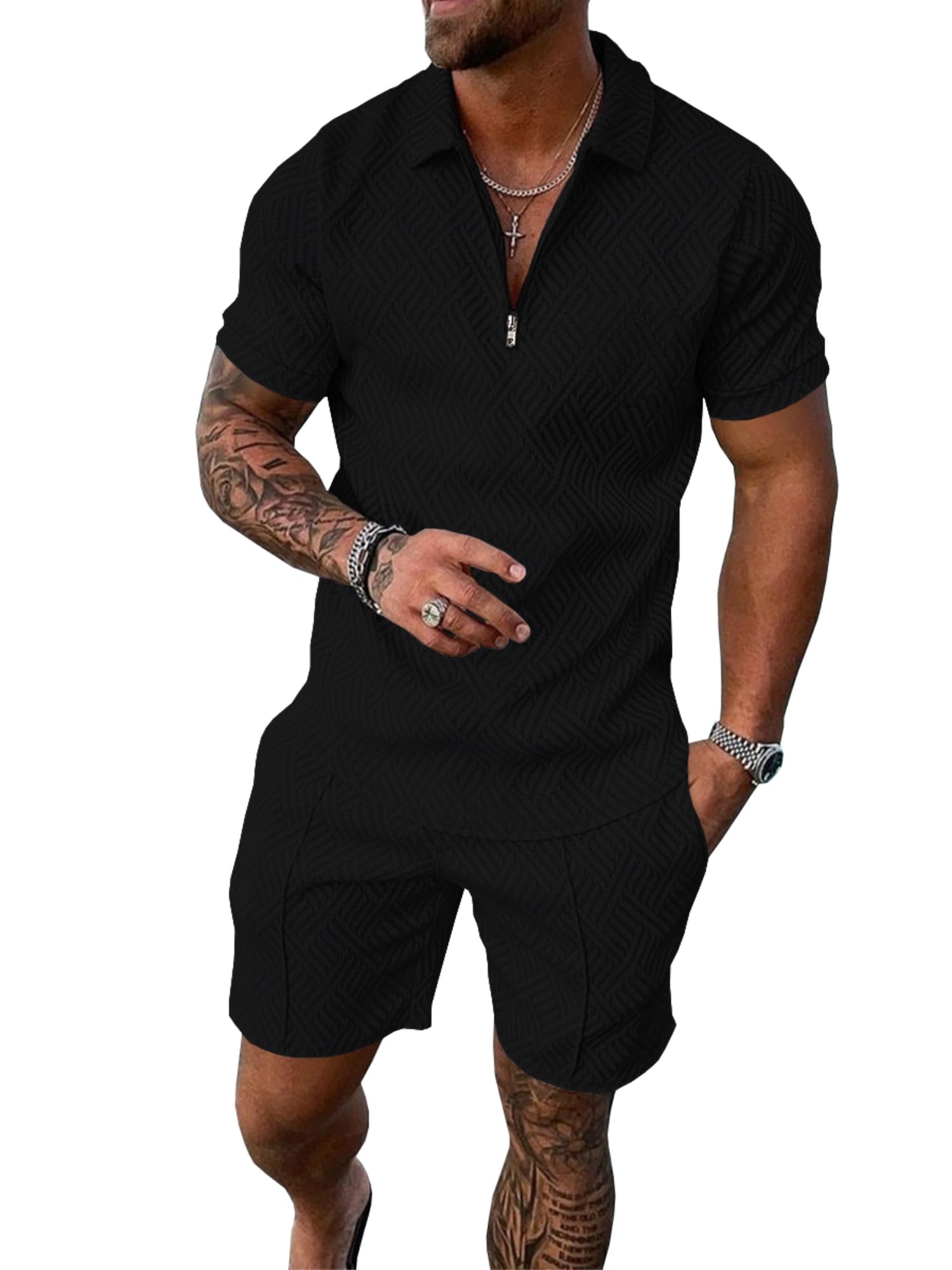 Photo 1 of UOUA Mens Track Suits 2 Piece Sets Short Sleeve Sweatsuit Outfits Casual Quarter Zip Golf Polo Shirts & Summer Jogger Shorts Loungewear Black L