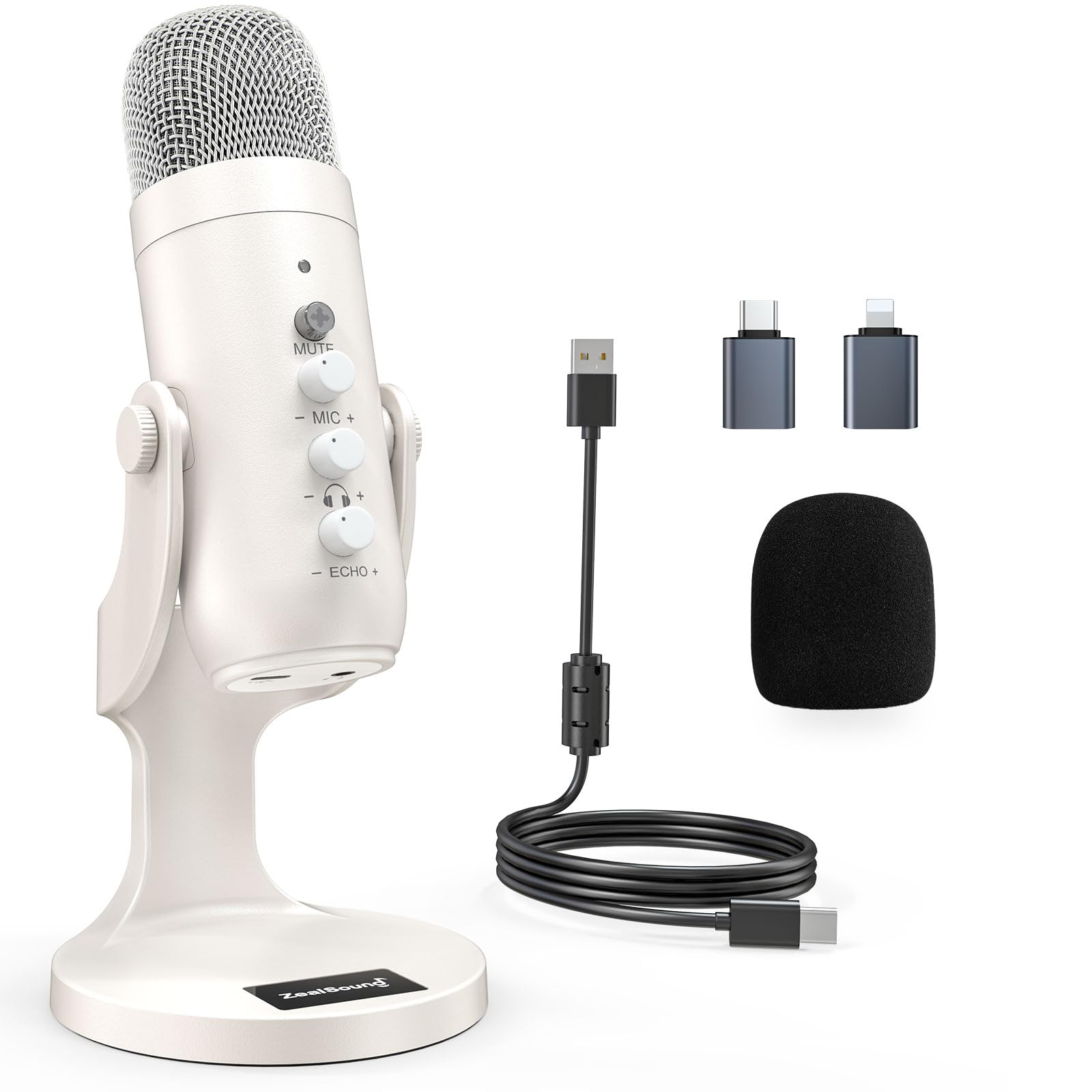 zealsound USB Microphone, k66 Pearly White Podcast Mic for PC iPhone Mac PS4&5 Android, with Mute/Noise Reducing/Echo/Gain, Plug & Play for Recording, Streaming, Vocal, Gaming, ASMR, YouTuber, Twitch