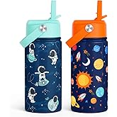 Kid Water Bottle 12oz with Straw Lid - 2-Pack Insulated Stainless Steel Water Bottles for Kids Boys Girls - Travel Cup for School Sports, Outer Space & Astronaut