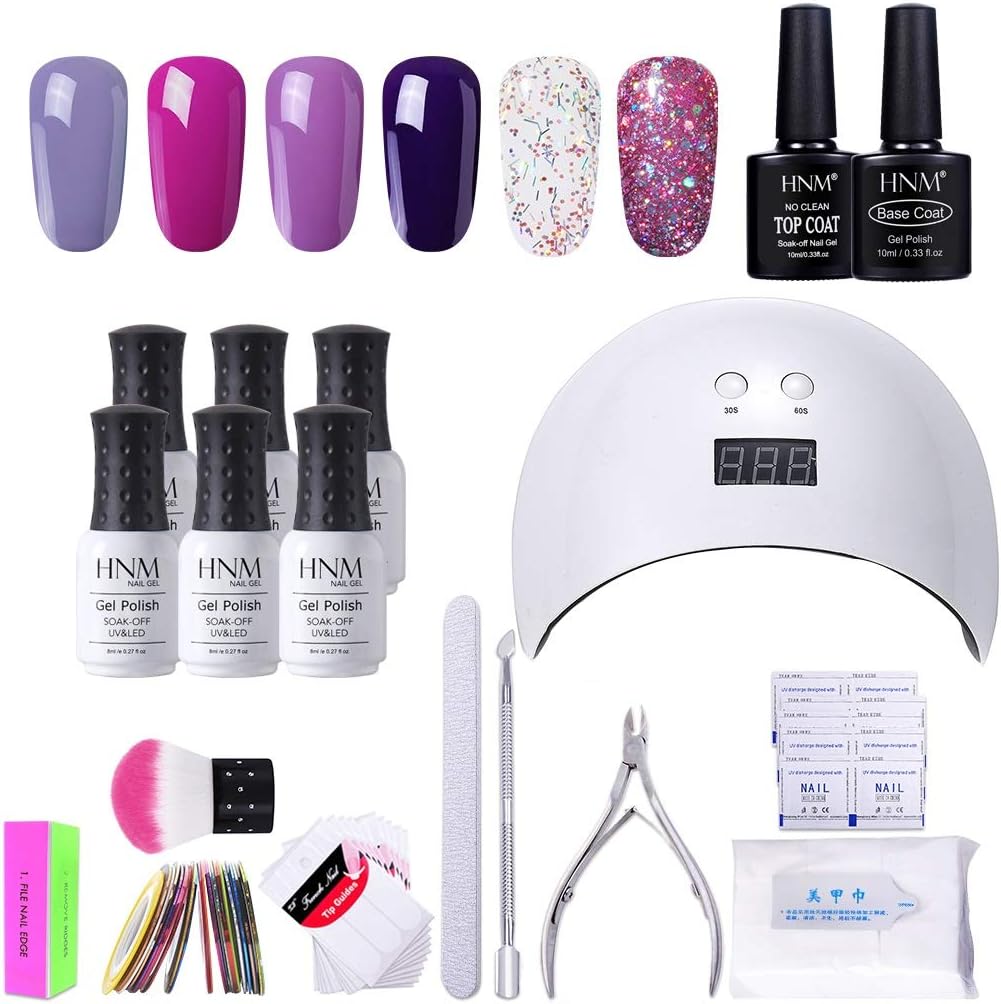 HNM 6 Gel Nail Starter Kit with 24W LED Curing Lamp Base and Top Coat UV LED Soak Off Nail Polish Remover Wrap Manicure Tools Gift Set