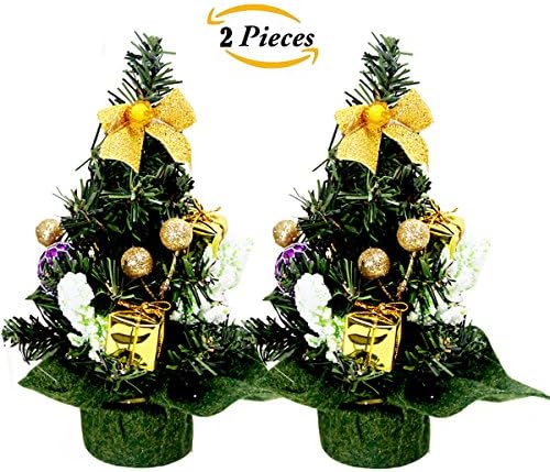 Mini Christmas Tree: 2 Packs 8" Tall Decorated Artificial Christmas Pine Tree ornament Tree for Office Table Home Desk Tops
