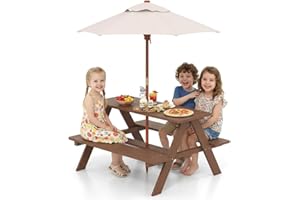 Costzon Kids Picnic Table, Wooden Table & Bench Set w/Removable & Foldable Umbrella, Toddler Patio Set for Backyard, Garden, 