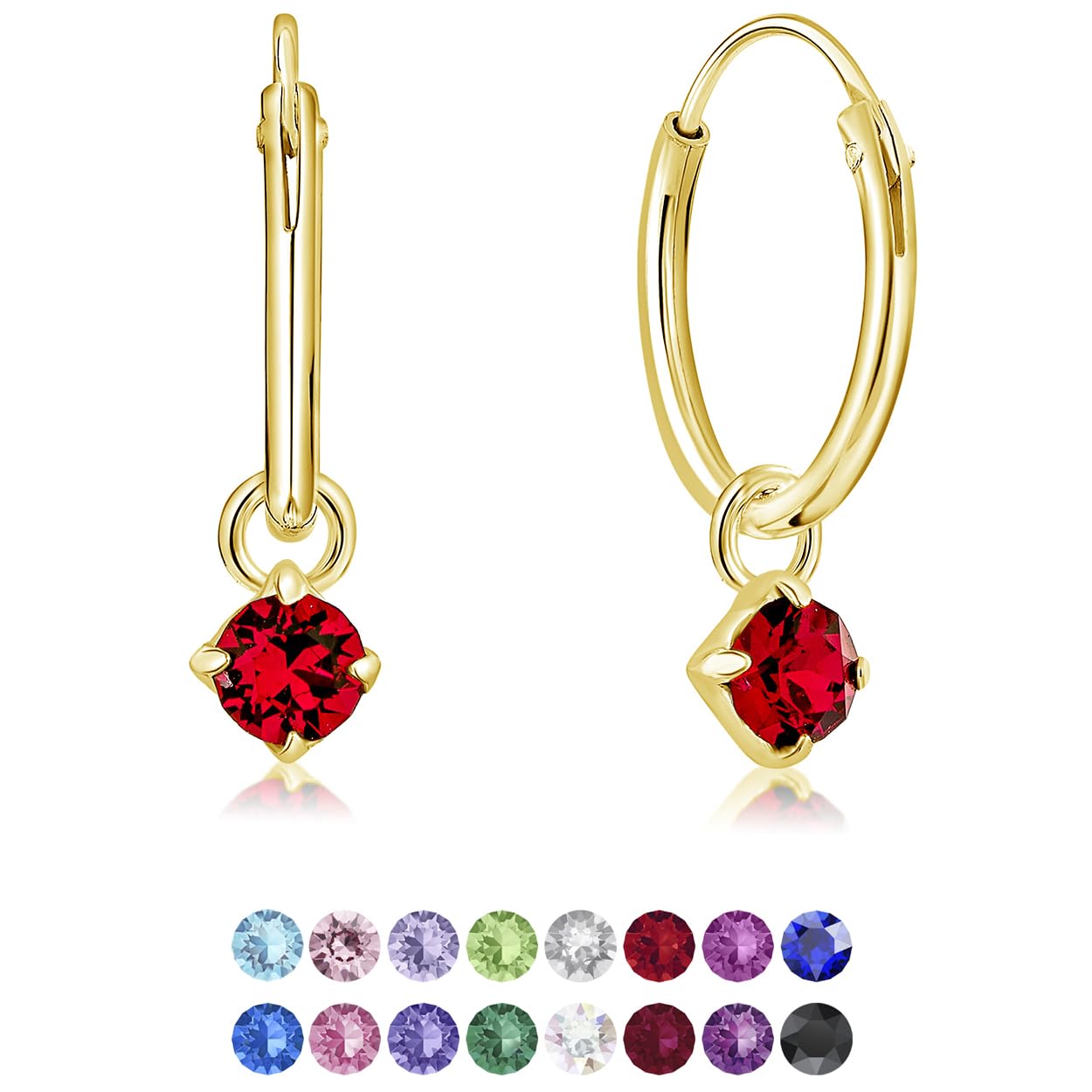 DTPsilver® 925 Sterling Silver Yellow Gold Plated SMALL Hoops Earrings & Round Dangling 3 mm Crystals from Swarovski® Elements - Thickness 1.2 mm - Diameter: 12 mm - Colour : Ruby