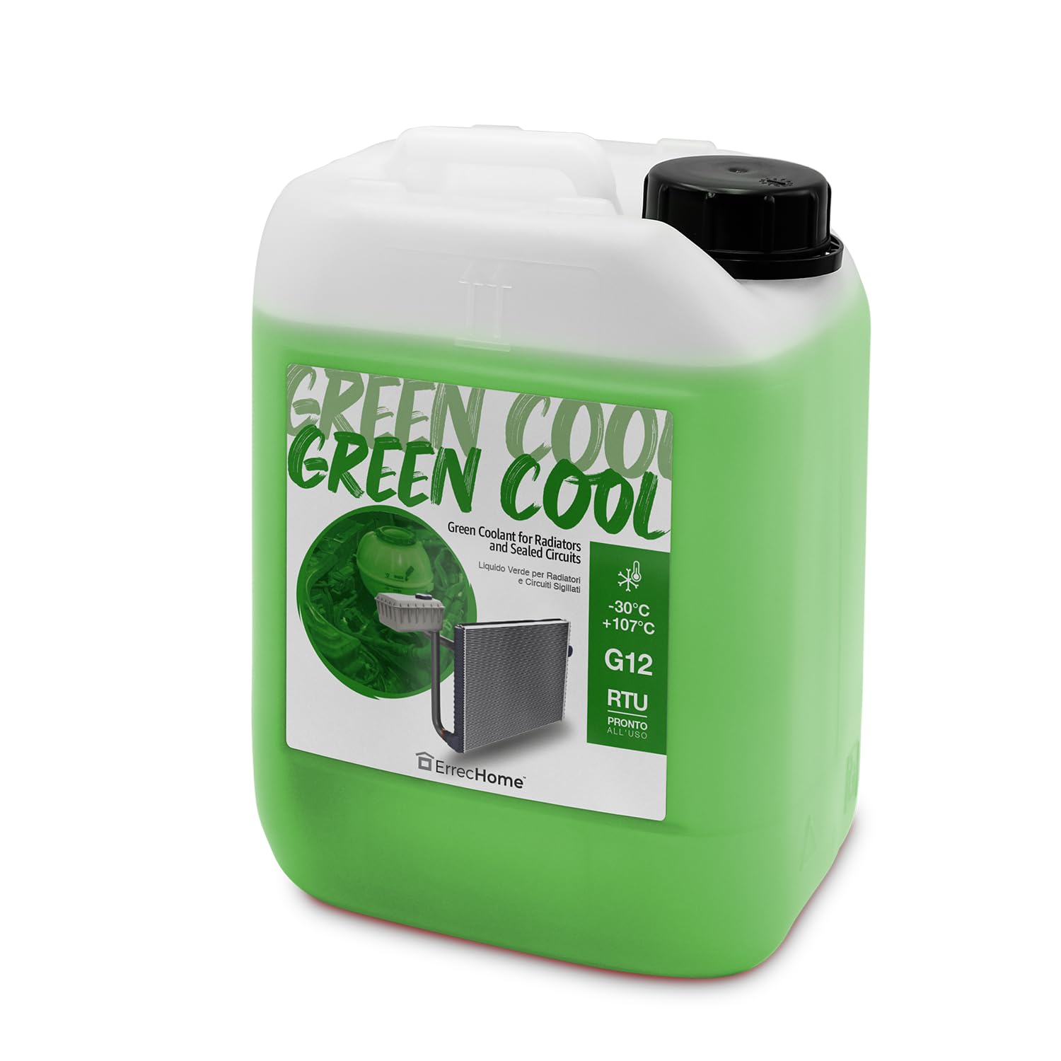 ERRECHOME Green Cool, Green Coolant and Antifreeze -30°C/+107°C, Formulation with organic-based OAT inhibitor package, G12, Ready to Use, 5 Litre