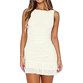 Ardrem Women Summer Sleeveless Mini Dress Layer Ruffle Hem Mesh Bodycon Short Tank Dresses Party Club Ruched Dress 2025