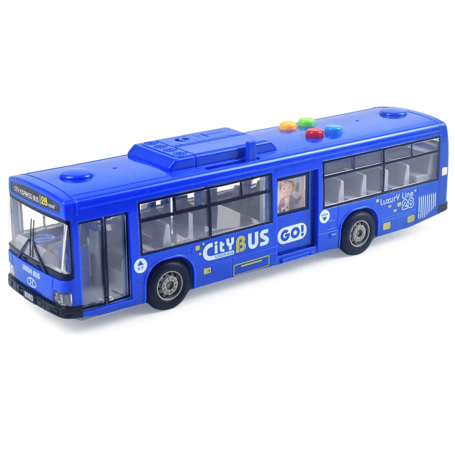 Cemirk Bus Toy for Boys and Girls - with Lights and Sounds, Realistic Tires, Simulated Functional Doors, Friction-Powered Movement, Blue