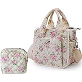 Small Floral Quilted Tote Bag for Women, Cute Crossbody Shoulder Purse with Pockets, Everyday Handbags