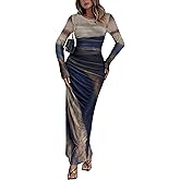 MOEENCN Women Sheer Mesh Maxi Dress Long Sleeve Bodycon Birthday Outfits Ruched Tie Dye Cocktail Club Party Dresses