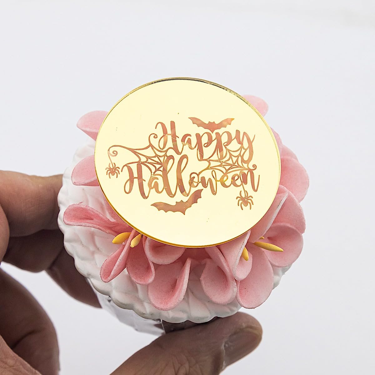 Pack of 6 "Happy Halloween" Cupcake Toppers - Halloween Party Cupcake Toppers - Cupcake Charms For Halloween - Acrylic Mirror Cake Topper