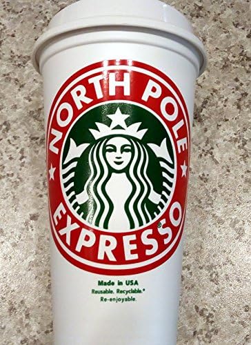 Christmas Holiday Santa's North Pole Expresso STARBUCK's 16 oz Reusable Travel Mug &amp; Lid in GLITTER