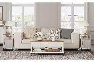 WAMPAT Premium Farmhouse Coffee Table Set of 3 for Living Room, 1 Large Rectangle Center Table with Storage Drawers, 2 End Side Tables with Charging Station for Living Room, White/Oak