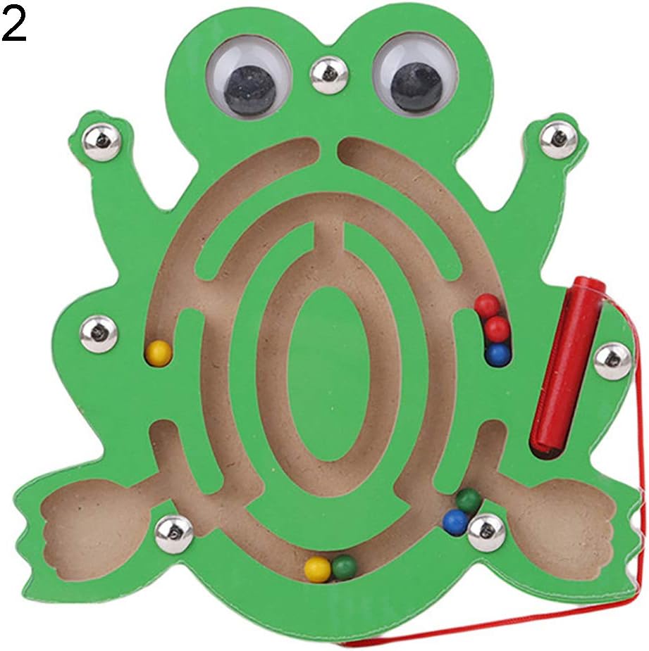 Brussels08 Wooden Magnetic Labyrinth Game Magnetic Track Beads Maze Toy Kids Wooden Puzzle Game with Magnetic Wand Kids Maze Wooden Puzzle Activity Magnet Toys Play Set Frog