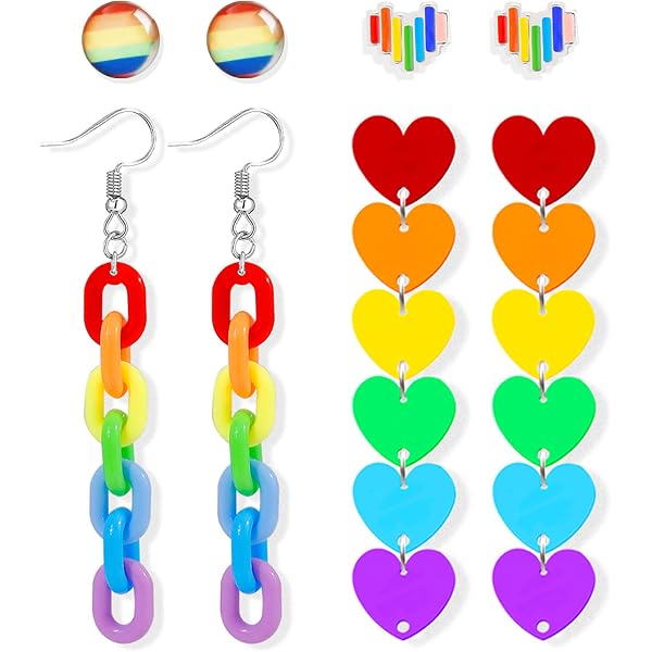 Yinkin 12 Pairs Rainbow Gay Pride Earrings LGBTQ Mesh Drop Clip On Lightweight Chain Rainbow Dangle Round Heart Lightning Drop Earrings For Women Men