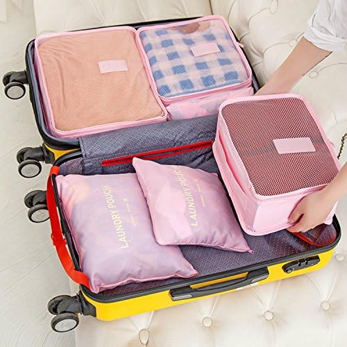 6pc Waterproof Travel Luggage Organizer Storage bag Durable Packing Compression Pouches 3 Travel Cubes + 3 Pouches (Pink)