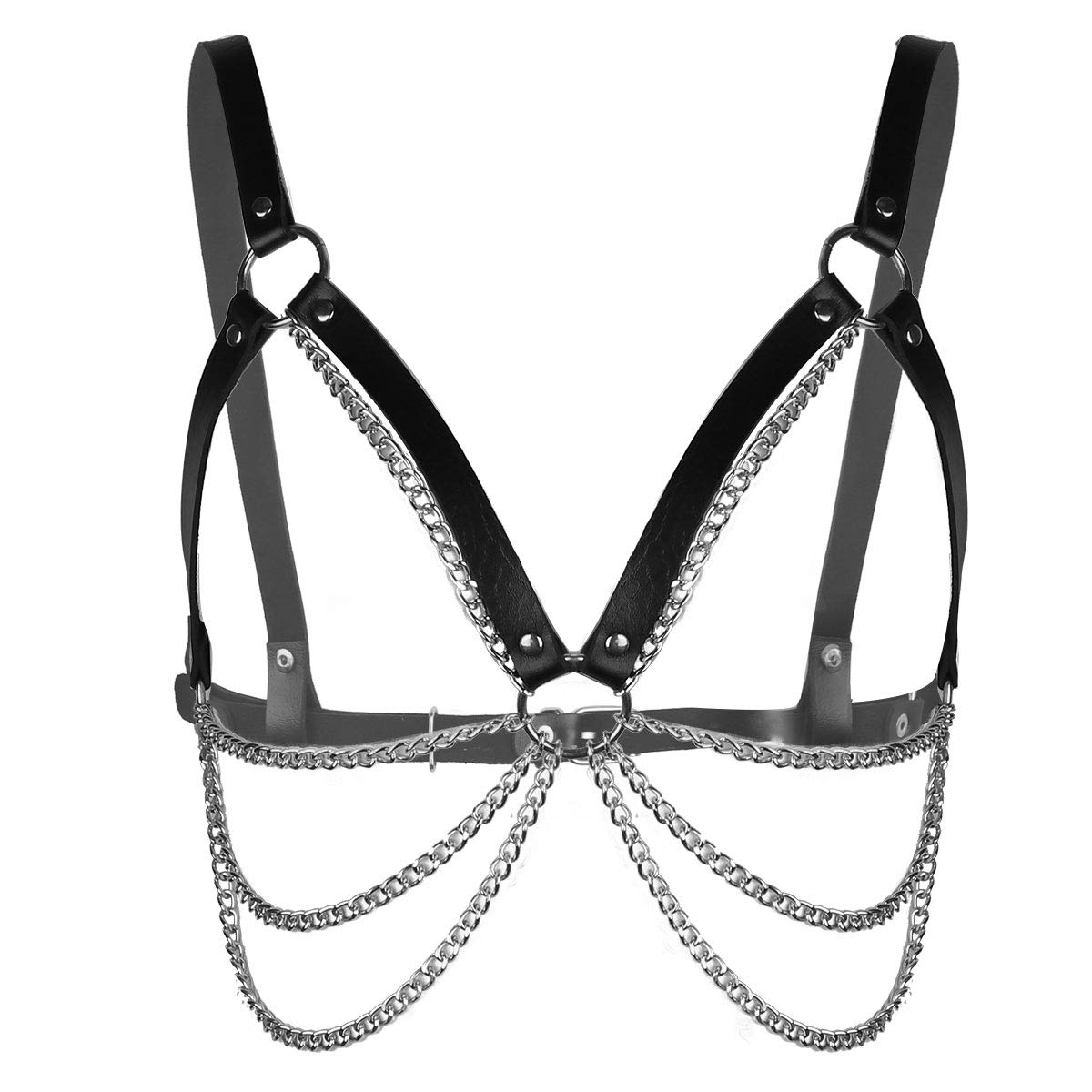 iiniim Women Men Punk Body Chain Belt PU Leather Harness Adjustable with O-Rings Type A Black & Silver One Size