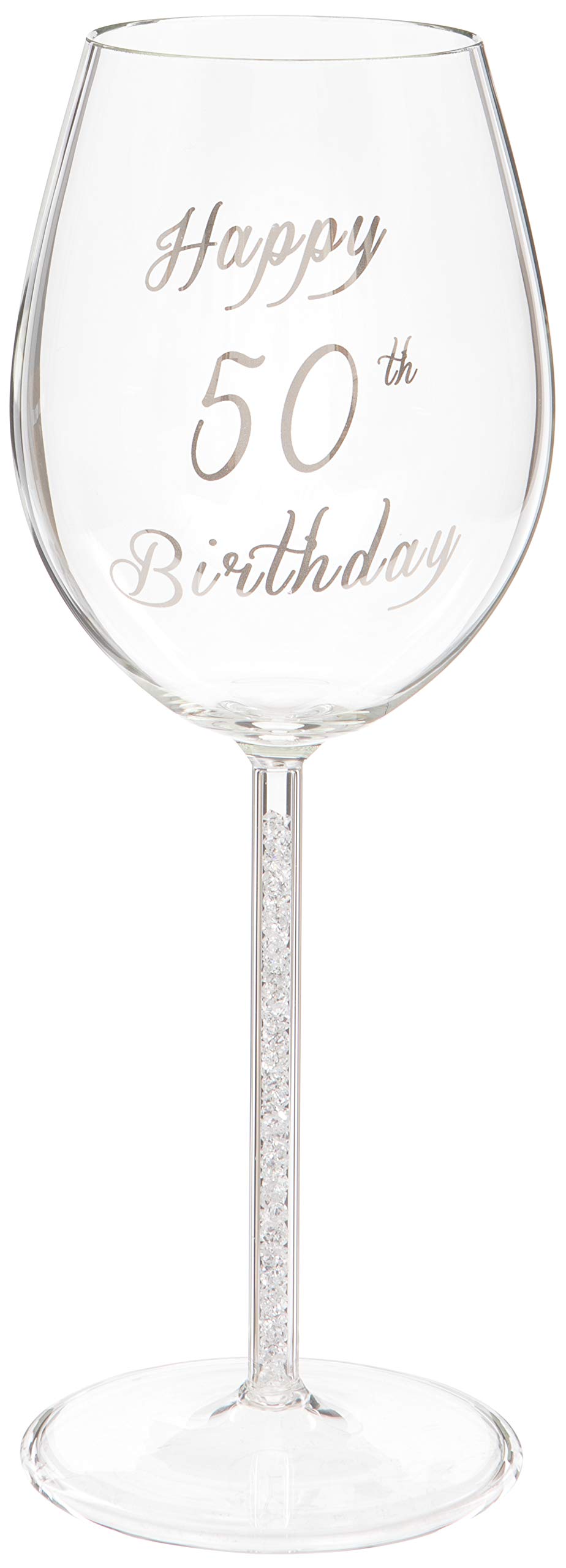 Maturi Happy 50th Birthday Wine Glass with Silver Diamond Stem - 400ml / 13.5 Fluid Ounces