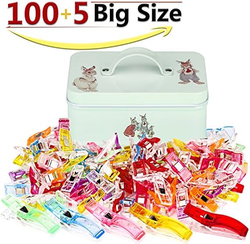 Homder 100+5 Big Size Multicolor Wonder Clips with Tin Box as Faric Clips, Sewing Clips, Quilting Clips, Binding Clips, Holding Paper and More