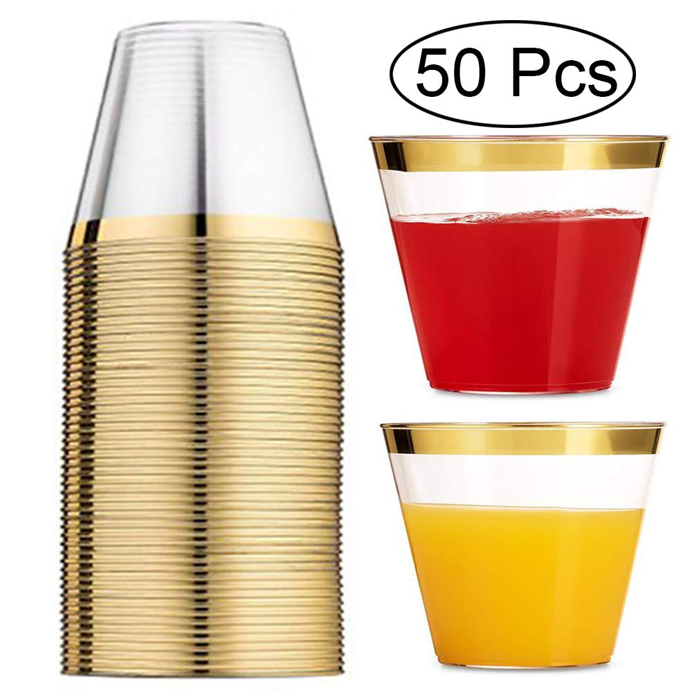 Conjunto de 50 vasos transparente para fiesta con borde dorado. Opción de borde rosa.