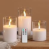 Eywamage Clear Glass Flameless Candles with Remote Timer, Flickering Battery LED Pillar Candles Set of 3
