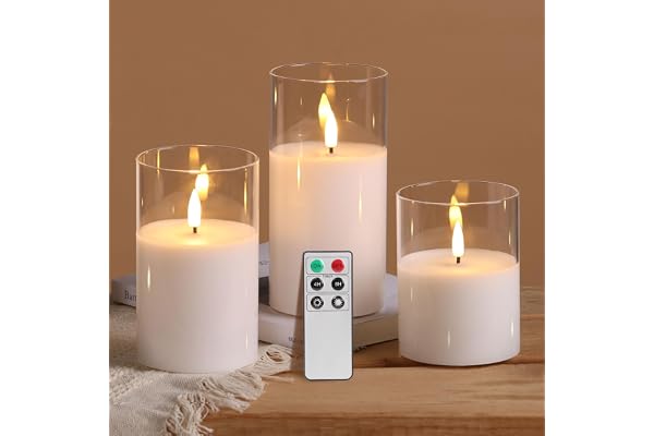 Eywamage Clear Glass Flameless Candles with Remote Set of 3, White Flickering Battery Operated LED Pillar Candles Φ 3" H 4" 5