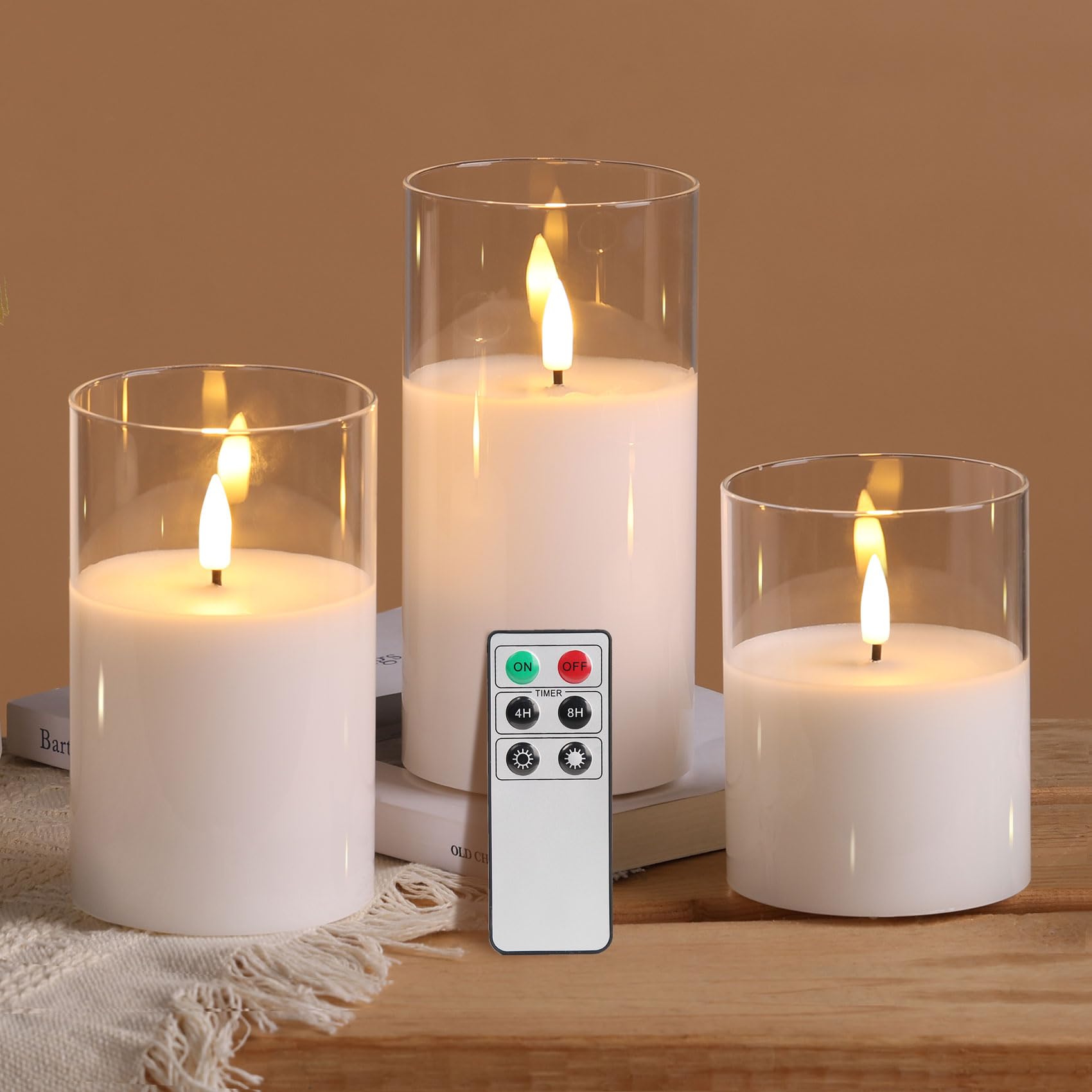 Photo 1 of Eywamage Clear Glass Flameless Candles with Remote Timer, Flickering Battery LED Pillar Candles Set of 3