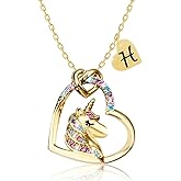 PYXC Valentines Day Gifts - Unicorn Necklace Gifts for Girls, Gold CZ Heart Unicorn Jewelry Initial Girls Birthday Colorful Heart Necklace Birthday present