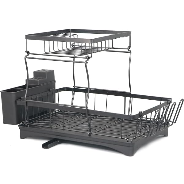 2-TIER DETACHABLE COUNTERTOP DISH DRYING RACK, PREMIUM CARBON STEEL, RUST RESISTANT LARGE CAPACITY DISH DRAINER WITH CUTLERY AND CUP HOLDER, BLACK