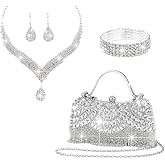 NIAN@WU 4-piece set of handcrafted fringed diamond-encrusted wedding ladies' crossbody handbag, necklace, earrings, bracelet, dinner bag, party ball bag, birthday and wedding, evening dress bag