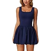 ABOCIW Womens Bubble Tennis Dress Squre Neck Sleeveless Workout Golf Athletic Dresses Build in Shorts with Pockets