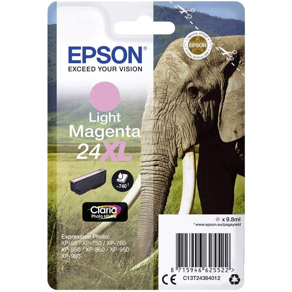 Epson 24XL Light Magenta Elephant High Yield Genuine, Claria Photo HD Ink Cartridge, XL High Capacity