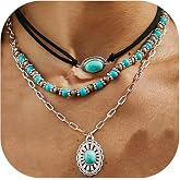 Hclian Western Necklaces Boho Turquoise Cross Necklace Set Navajo Pearl Beaded Layered Choker Cowgirl Christian Western Jewelry for Women
