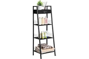 MOOACE 4 Tier Bathroom Ladder Shelf with Drawer, Small Bookshelf Open Shelving Unit, Freestanding Storage Shelves Rack for Bathroom Living Room Bedroom Balcony, Black