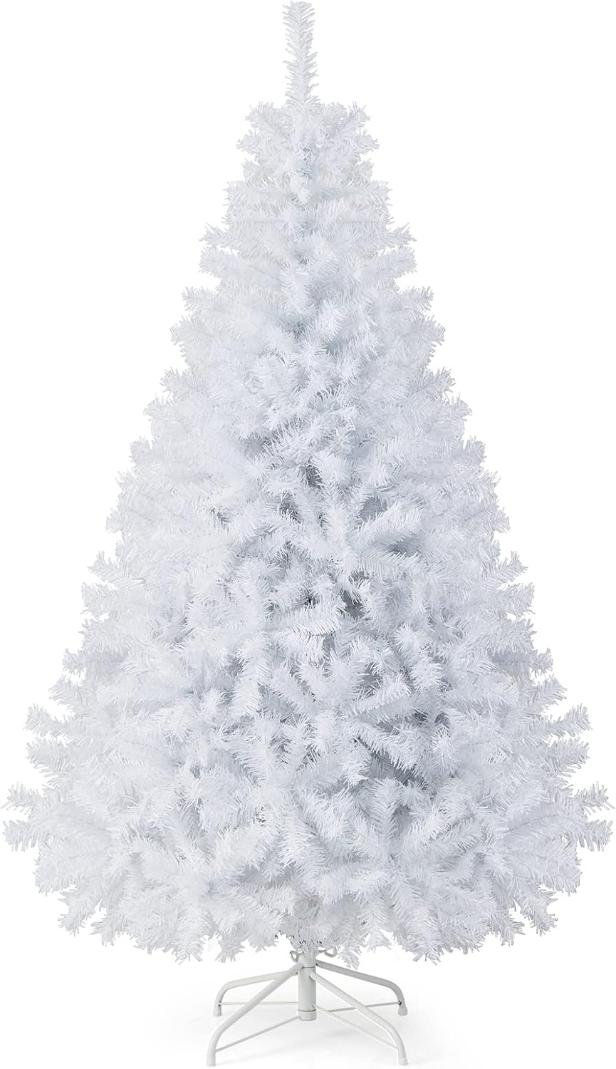 Trees - Goplus White Artificial Christmas Tree, 6ft Premium Unlit Hinged Spruce Full Tree, with 1000 Branch Tips and Metal Stand, Easy Assembly, for Indoor and Outdoor Use