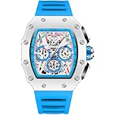 FANMIS Men's Tonneau Skeleton Watch Big Face Chronograph Silicone Strap 30M | Analog Quartz Watches With Silicone Strap Chronograph Style 30M Water Resistance Fashion Casual Business Dress Wrist Watch