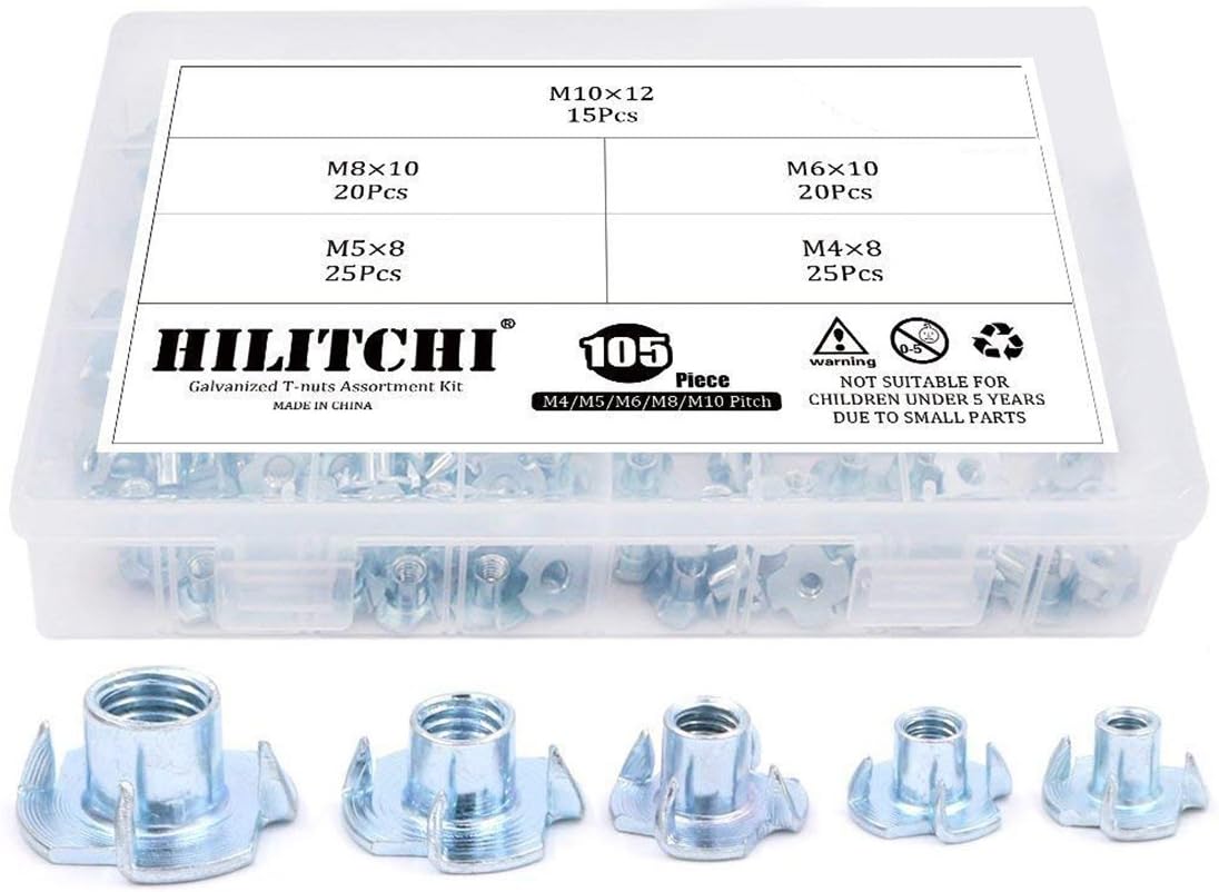 Hilitchi 105-Pcs M4 5 6 8 10 Zinc Plated Steel T-Nut Pronged Tee Assortment Kit for Wood, Rock Climbing Holds, Cabinetry, Furniture and More