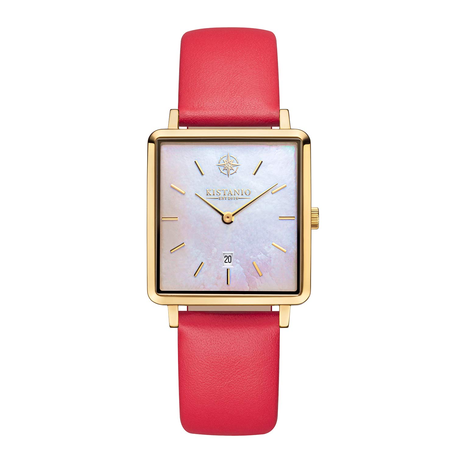 Kistanio Carré Flat Women's Watch with Leather Strap Sapphire Glass Rectangular Stainless Steel Date Various Variations, Gold / Mother of Pearl / Red, Strap.