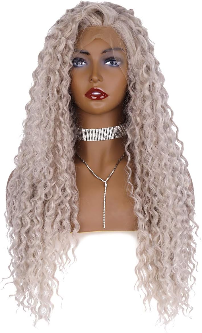 Wiginway Long Curly Platinum Sliver Blonde Wig Lace Front Wig With Natural Hairline Free Parting Heat Resistant Synthetic Wigs For Women (Platinum Blond Sliver)