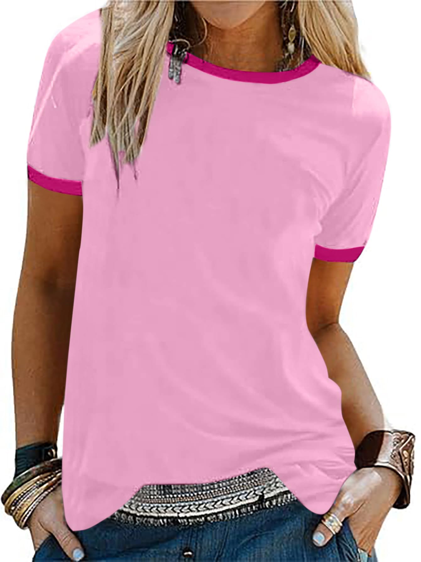 Remidoo Womens Ringer Tee Crew Neck Short Sleeve T
