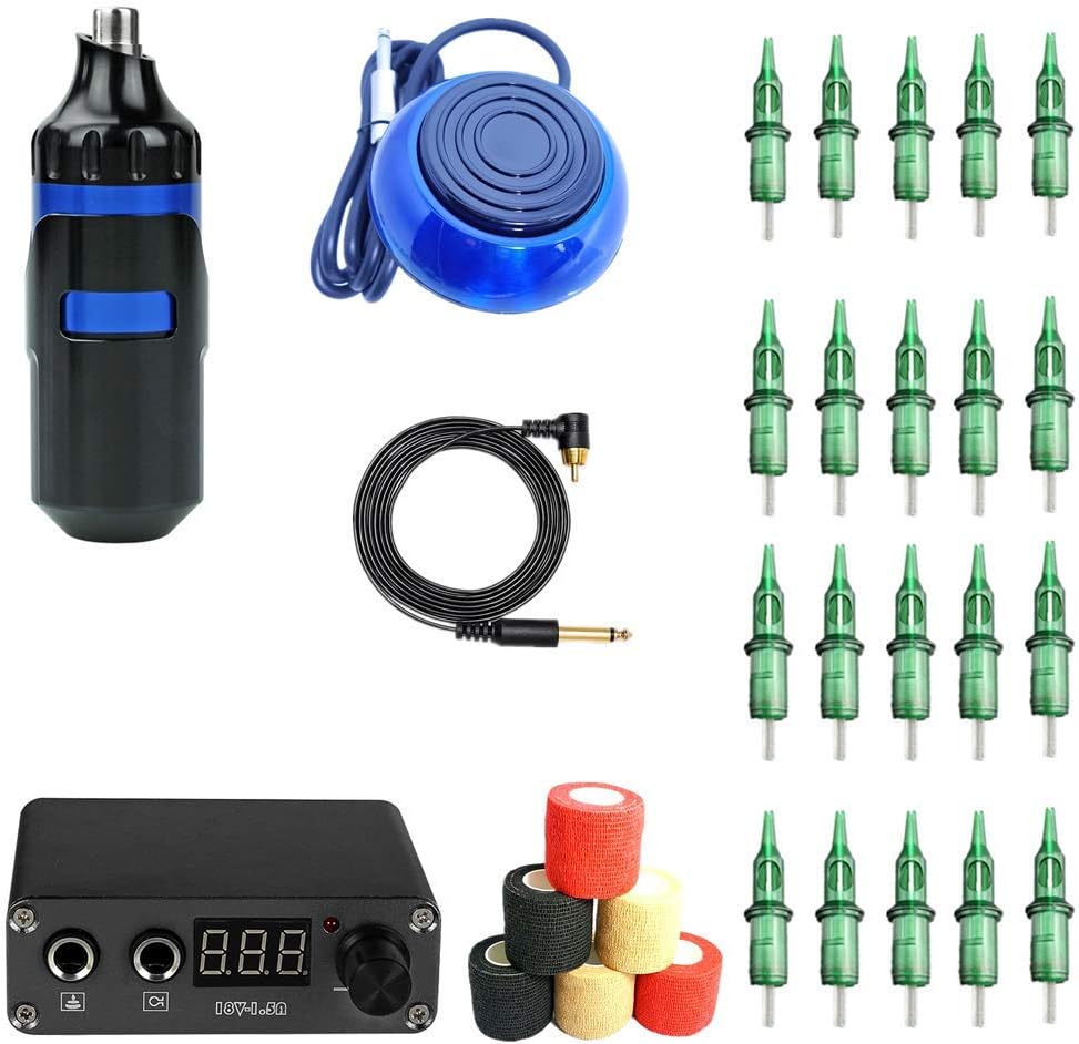 JellyfishPro Coreless Motor Cartridge Tattoo Pen Kit Rotary Tattoo Machine Quality Kit Include Power Supply Cartridge Needles (blue)