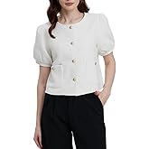 Women's Tweed Blazers Jackets Cropped Puff Short Sleeve Collarless Work Suits Coat with Pockets