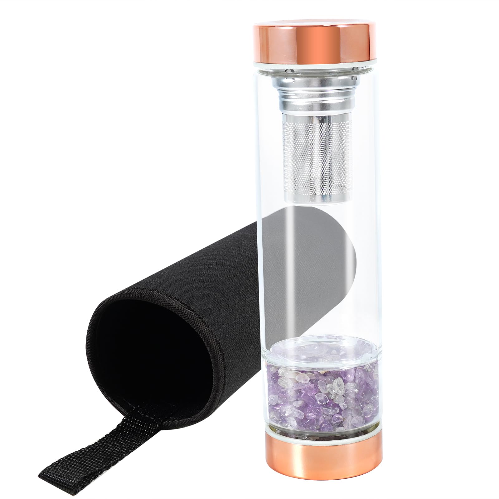 soulnioi Healing Crystal Glass Water Bottle, Natural Gravel Gemstone Crystal Water Bottle Healing Glass Bottles with Tea Strainer&Protective Cup Cover, for Spiritual Healing (Dream Amethyst)