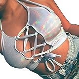Pinda Summer Women Silver Holographic Laced Up Halter Wrap Crop Top