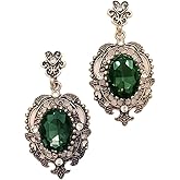Gold Tone Victorian Art Deco Antique Vintage Retro Style Dark Green Hunter Emerald Rhinestone Dangle Earrings