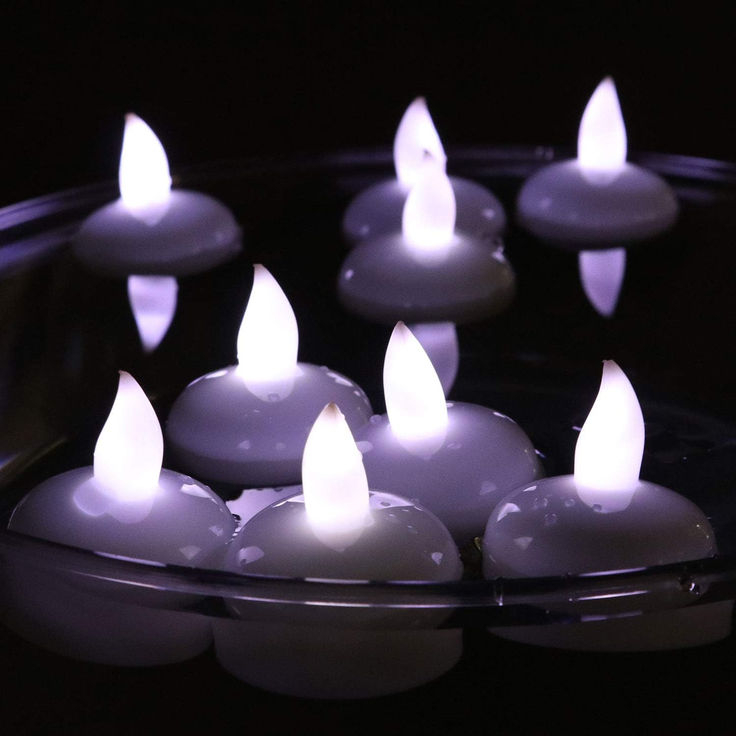 Rhytsing Set of 12 Waterproof Floating Candles LED TeaLights, White Flickering Light for Wedding Party Centerpieces, Batteries Included, D1.45'' x H1.58''