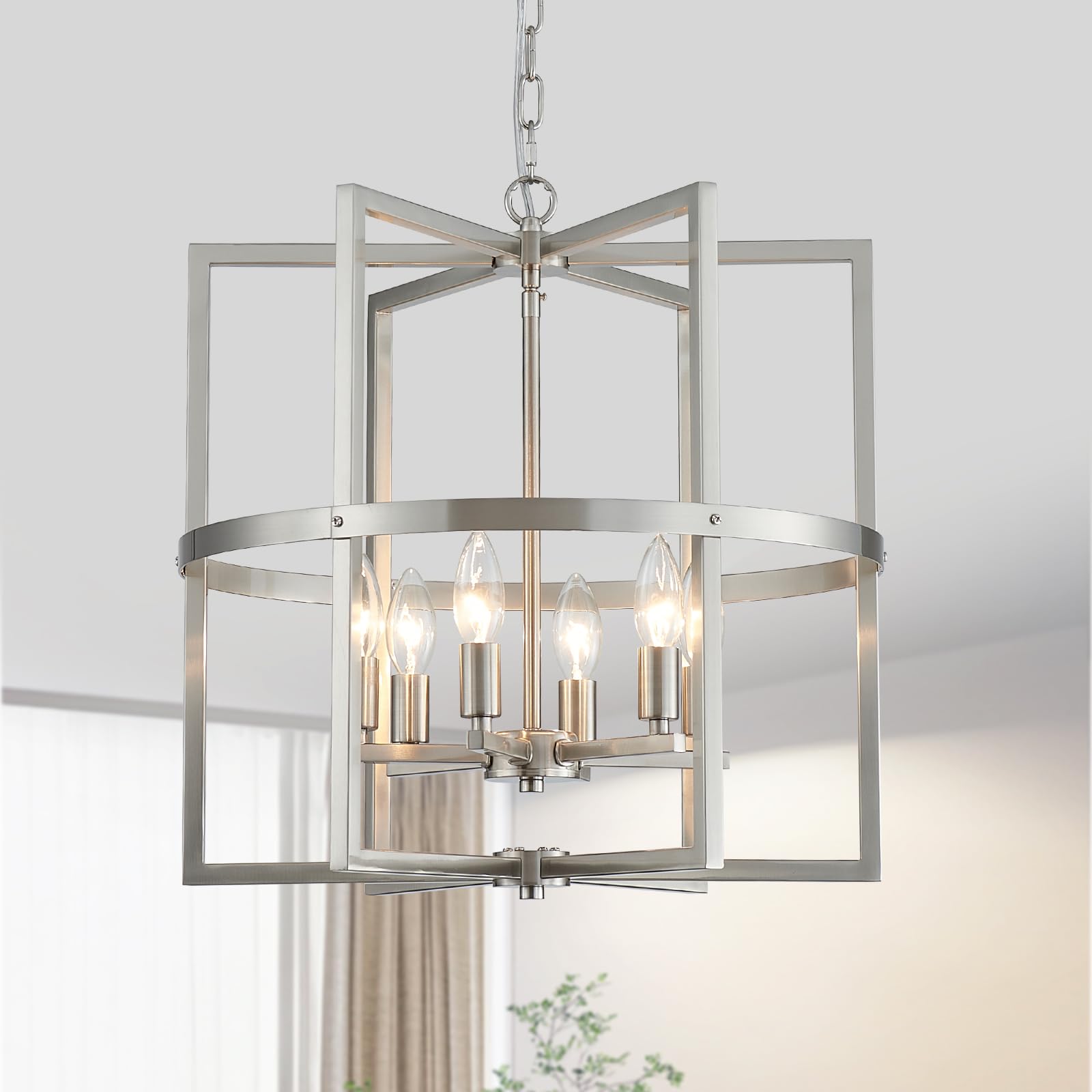 Photo 1 of peskoe Brushed Nickel Chandelier 6-Light, Dining Room Light Fixture Geometric Metal Modern Chandelier Lighting for Kitchen Island Living Room Entryway, 18 Inch Pendant Hanging Ceiling Lamp